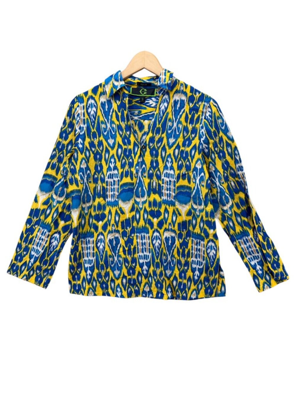C Wonder Silk Blend Blouse Womens Blue Yellow Long Sleeve Button Front Top Sz S